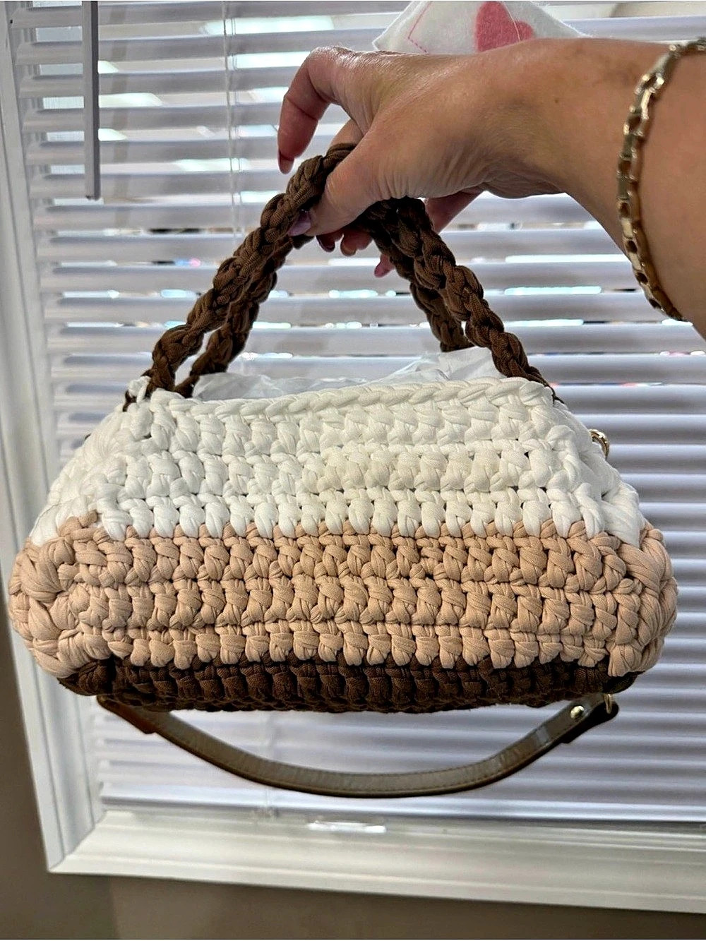 Hand Made Shoulder Bag in White & Brown